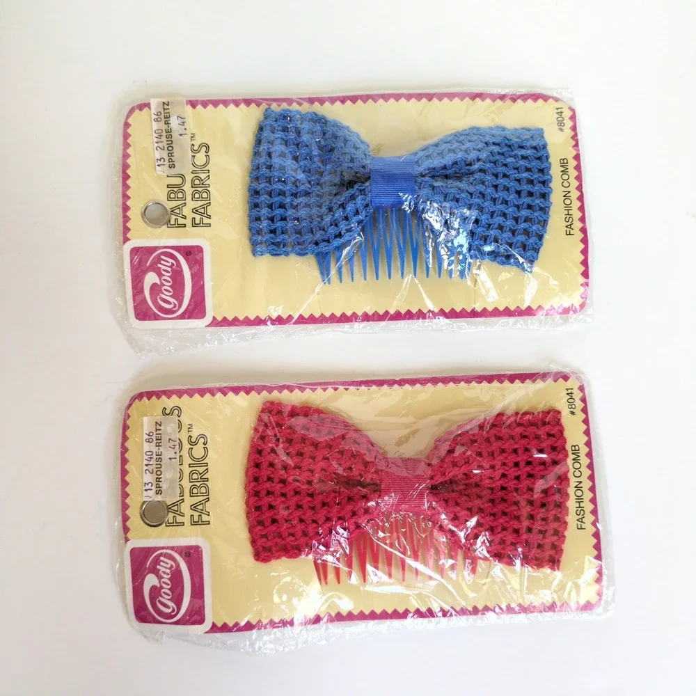 Vtg 80s Goody Fashion‎ Comb Crochet Bows Red Blue Fabu Fabrics 8041 Set 2